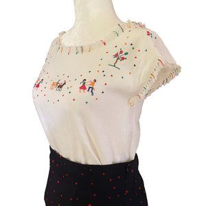 Vintage 1950s Cherry Folk Small Top Shirt Embroidered Peasant